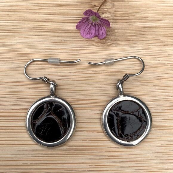 LaBelle Women's Alligator/Croc Leather Sterling Silver Round Earrings EUC - Picture 1 of 5